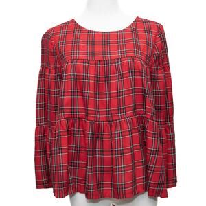 Madewell Red Plaid Tiered Button-Back Bell Sleeve Top Size XS